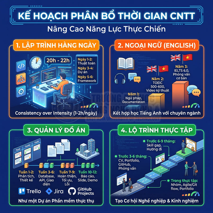 Kế hoạch phân bổ thời gian học CNTT với lập trình hàng ngày, tiếng Anh, quản lý dự án và lộ trình thực tập