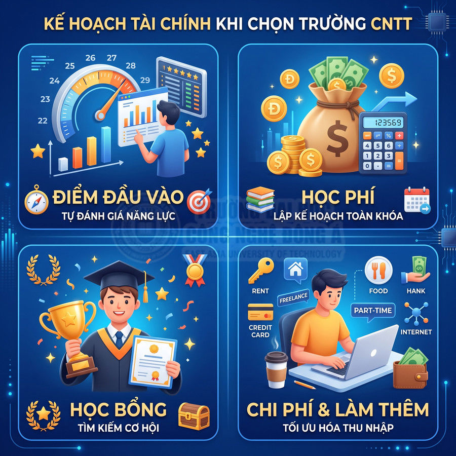 Infographic kế hoạch tài chính khi chọn trường CNTT với điểm đầu vào, học phí, học bổng và chi phí làm thêm