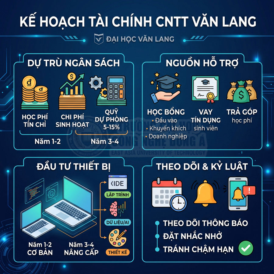 Kế hoạch tài chính ngành CNTT Đại học Văn Lang với dự trù ngân sách, nguồn hỗ trợ, đầu tư thiết bị và theo dõi kỷ luật