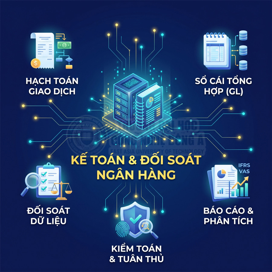 Minh họa giải pháp kế toán và đối soát ngân hàng với hạch toán giao dịch, sổ cái tổng hợp, đối soát dữ liệu, kiểm toán và báo cáo phân tích