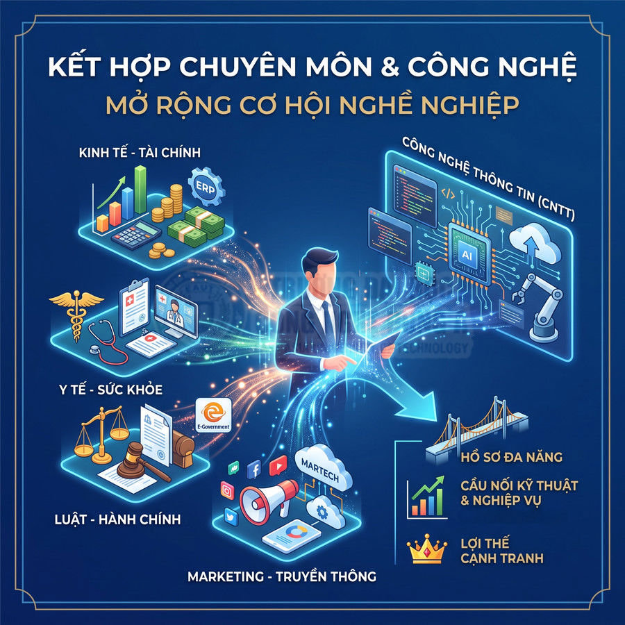 Minh họa người làm việc với công nghệ số kết nối các lĩnh vực kinh tế, CNTT, y tế, luật, marketing mở rộng cơ hội nghề nghiệp