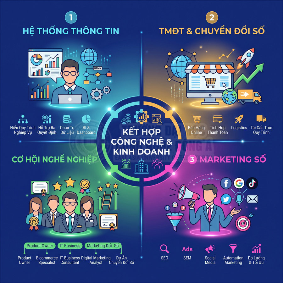 Infographic giới thiệu ngành kết hợp công nghệ và kinh doanh với hệ thống thông tin, TMĐT, chuyển đổi số và marketing số