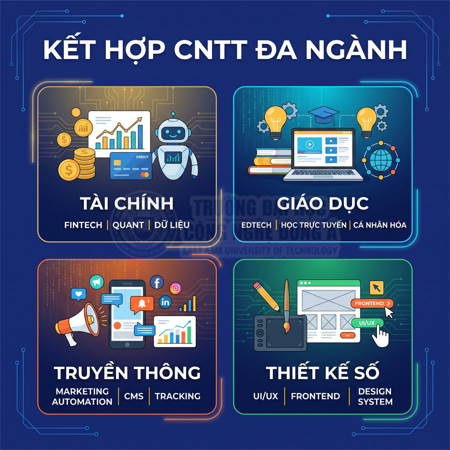 Poster giới thiệu kết hợp CNTT đa ngành trong tài chính, giáo dục, truyền thông và thiết kế số bằng đồ họa minh họa