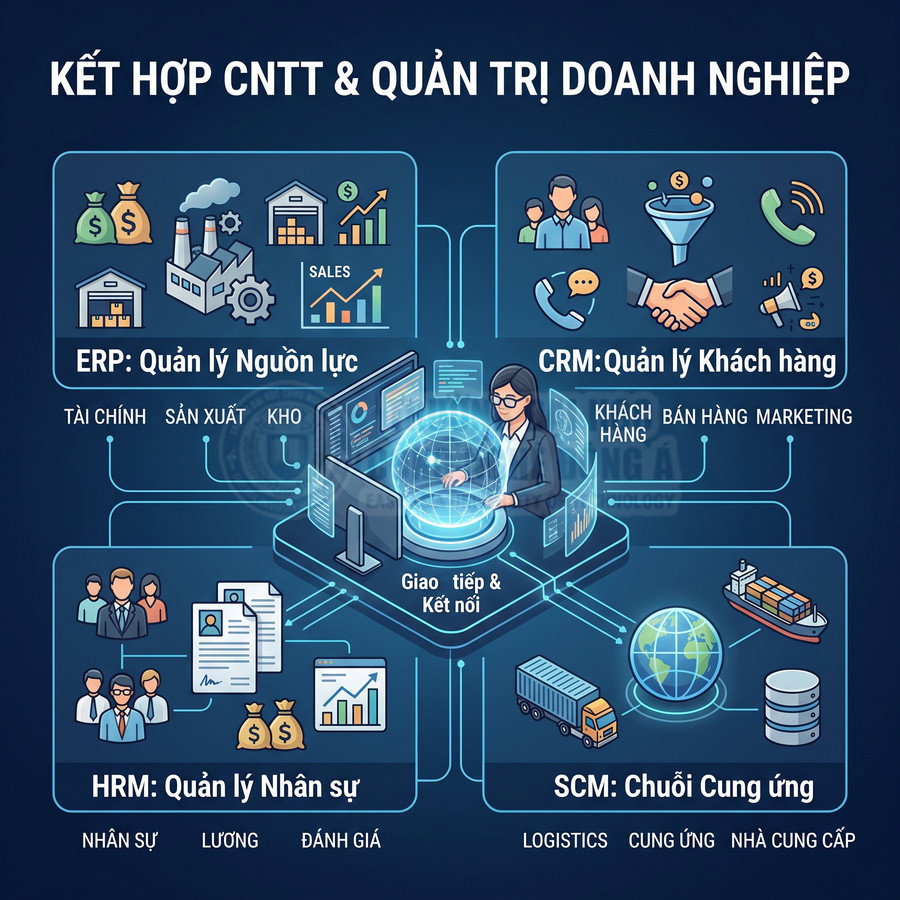 Mô hình kết hợp CNTT với quản trị doanh nghiệp gồm ERP, CRM, HRM và SCM minh họa các quy trình quản lý