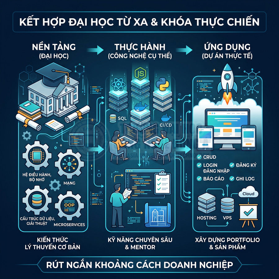 Infographic lộ trình học lập trình kết hợp đại học từ xa và khóa thực chiến, từ nền tảng đến dự án thực tế