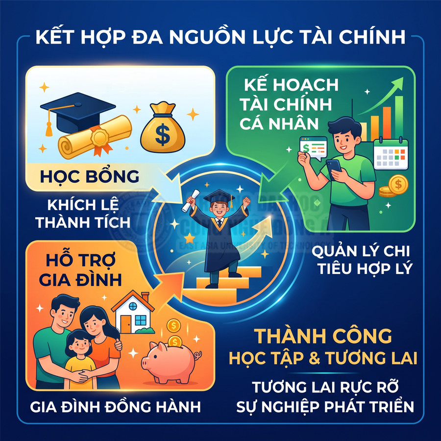 Minh họa kế hoạch tài chính cho giáo dục với học bổng, hỗ trợ gia đình và quản lý chi tiêu giúp sinh viên thành công