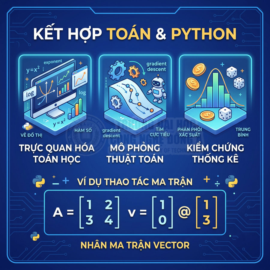 Infographic kết hợp toán và Python với trực quan hóa, mô phỏng thuật toán và kiểm chứng thống kê bằng phép nhân ma trận