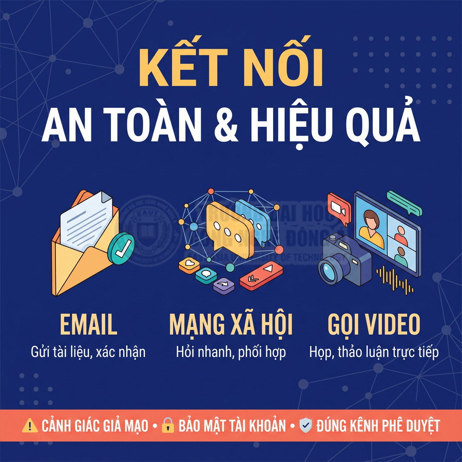 Hình minh họa các kênh kết nối an toàn và hiệu quả gồm email, mạng xã hội và gọi video, kèm lưu ý bảo mật tài khoản.