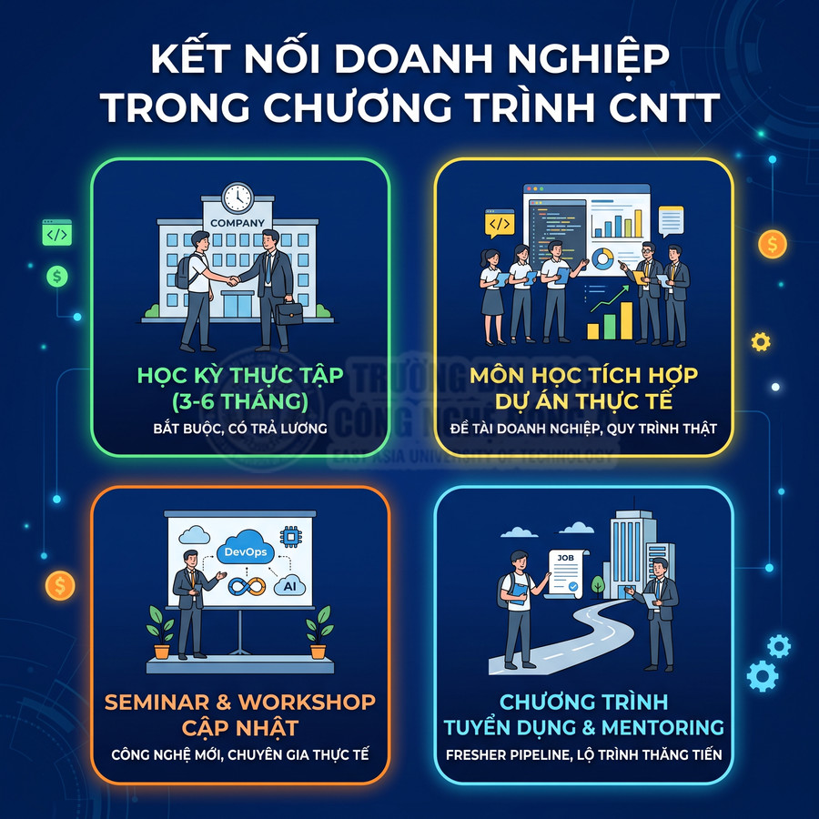 Infographic kết nối doanh nghiệp trong chương trình CNTT với thực tập, dự án thực tế, seminar và tuyển dụng mentoring