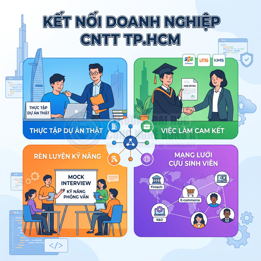 Kết nối doanh nghiệp CNTT TP.HCM với sinh viên qua thực tập dự án thật, cam kết việc làm, rèn kỹ năng và mạng lưới cựu sinh viên