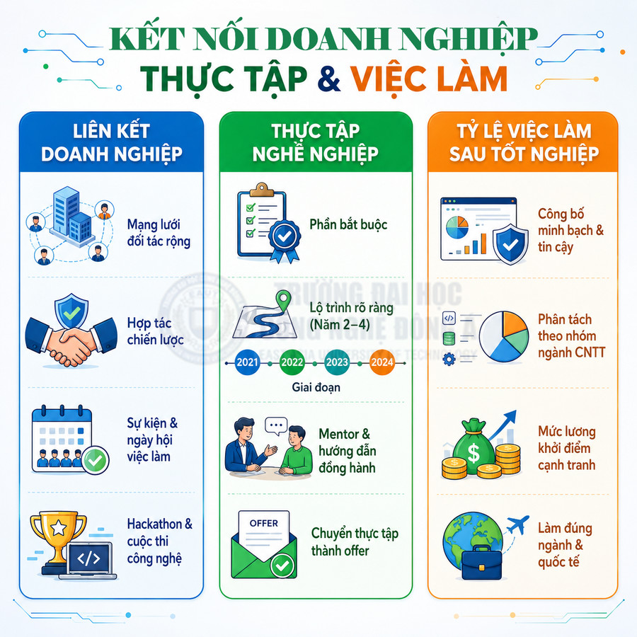Infographic kết nối doanh nghiệp với thực tập và việc làm, nêu lợi ích liên kết, lộ trình thực tập và tỷ lệ việc làm sau tốt nghiệp