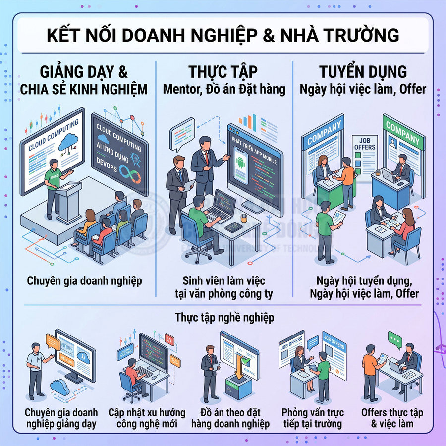 Mô hình kết nối doanh nghiệp và nhà trường với giảng dạy, thực tập, tuyển dụng cho sinh viên công nghệ