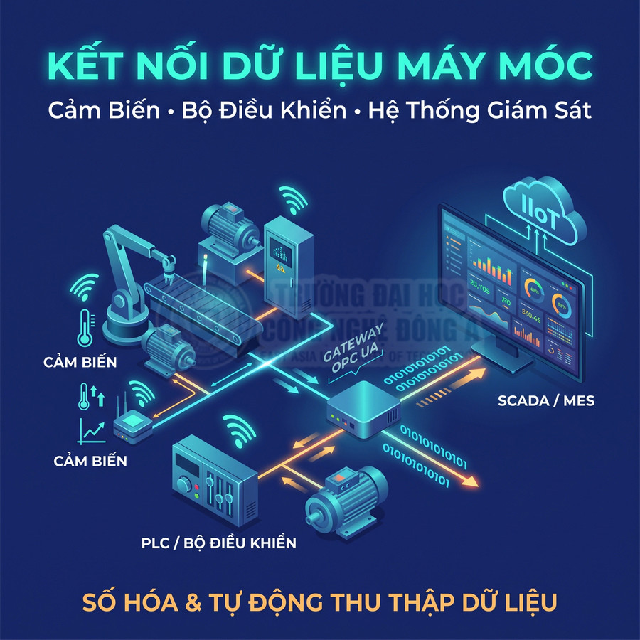 Hệ thống kết nối dữ liệu máy móc công nghiệp với cảm biến, PLC, gateway IoT và màn hình SCADA/MES