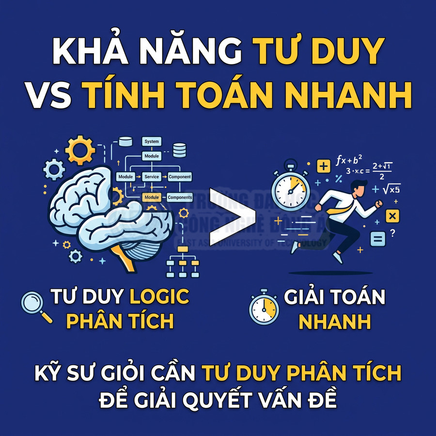 Minh họa so sánh tư duy logic phân tích với khả năng giải toán nhanh, nhấn mạnh kỹ sư cần tư duy phân tích