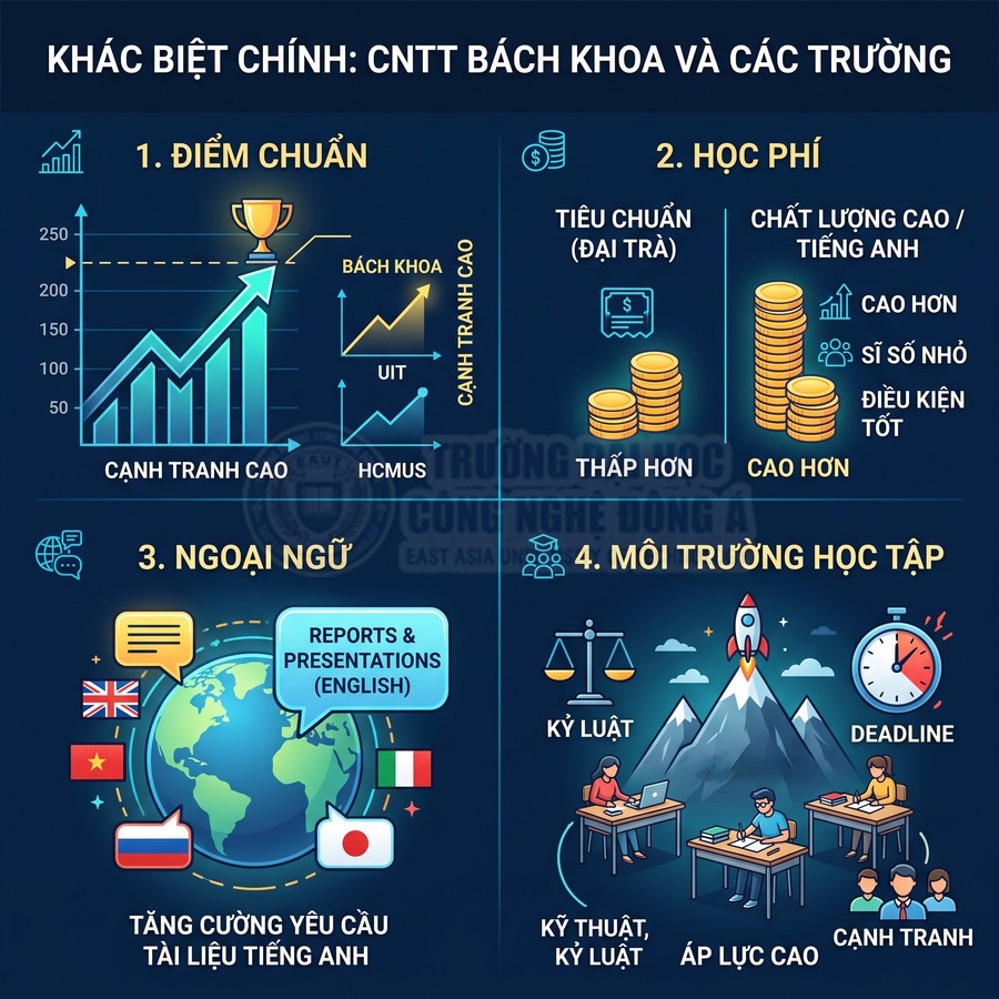 Infographic so sánh ngành CNTT Bách Khoa với các trường khác về điểm chuẩn, học phí, ngoại ngữ và môi trường học tập
