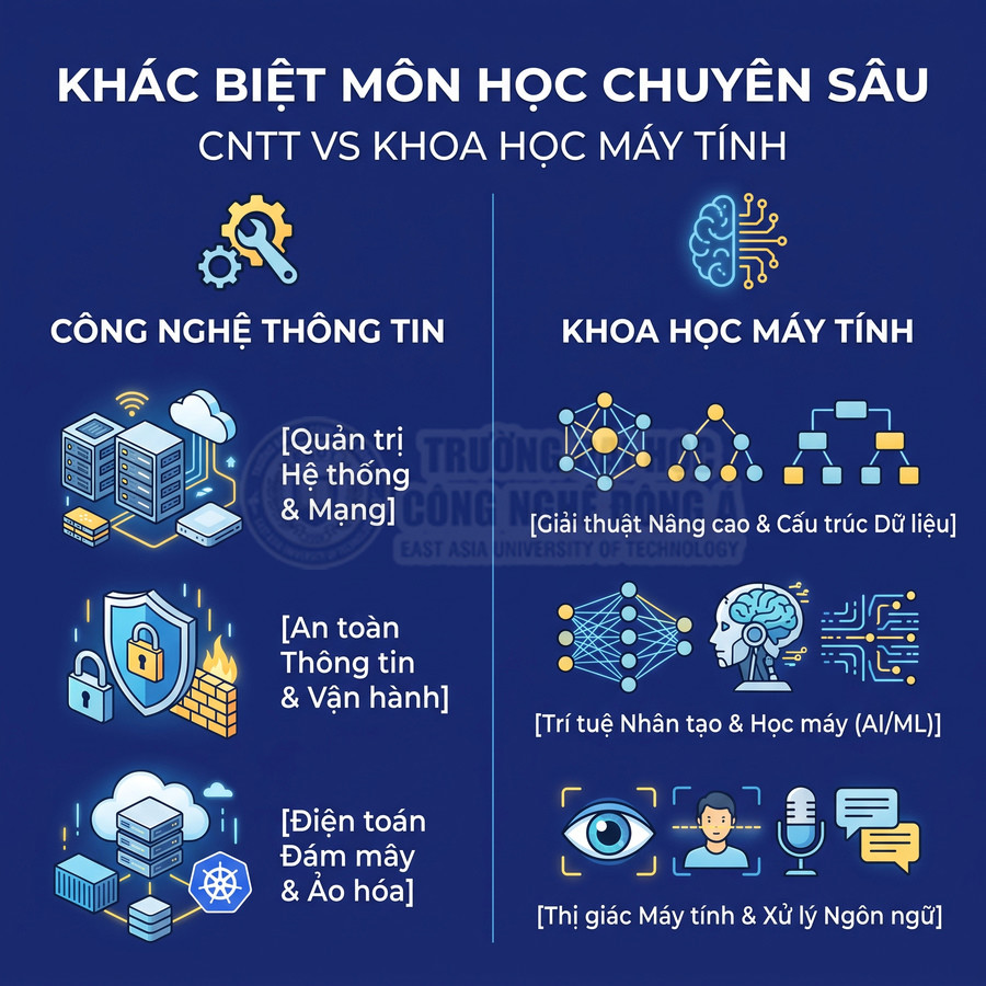 So sánh các môn học chuyên sâu ngành Công nghệ thông tin và Khoa học máy tính bằng infographic tiếng Việt