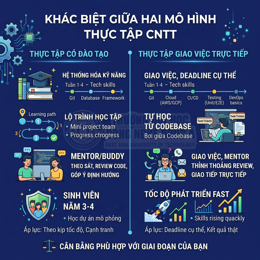 Infographic so sánh hai mô hình thực tập CNTT: thực tập có đào tạo và thực tập giao việc trực tiếp