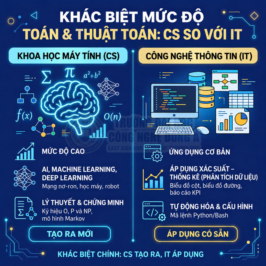 So sánh mức độ toán và thuật toán giữa khoa học máy tính CS và công nghệ thông tin IT bằng infographic tiếng Việt