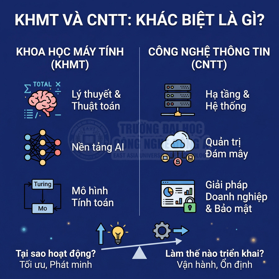 So sánh khoa học máy tính và công nghệ thông tin về lý thuyết, AI, hạ tầng, đám mây, giải pháp doanh nghiệp