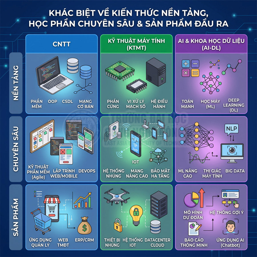 So sánh kiến thức nền tảng, chuyên sâu và sản phẩm đầu ra các ngành CNTT, kỹ thuật máy tính, AI và khoa học dữ liệu