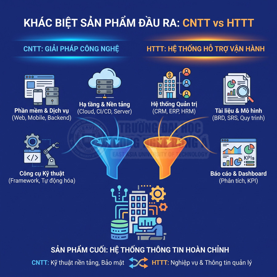 So sánh sản phẩm đầu ra ngành CNTT và HTTT, minh họa các thành phần tạo nên hệ thống thông tin hoàn chỉnh