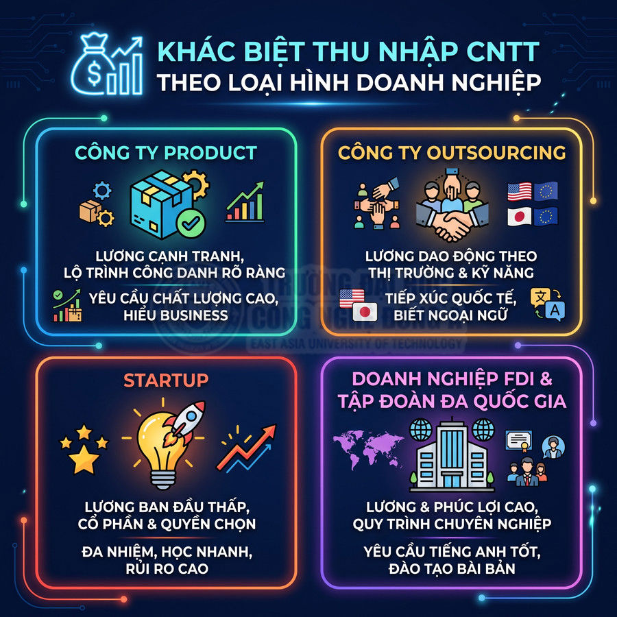 Infographic so sánh khác biệt thu nhập ngành CNTT theo loại hình doanh nghiệp product, outsourcing, startup, FDI