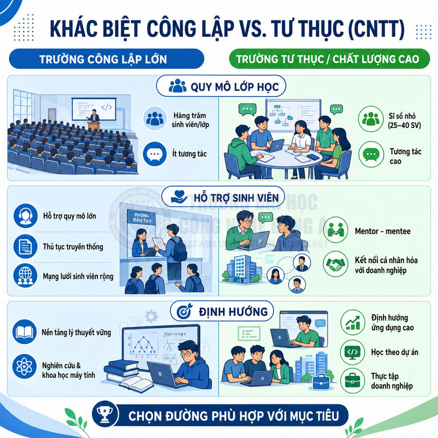 Infographic so sánh trường công lập và trường tư thục chất lượng cao ngành công nghệ thông tin