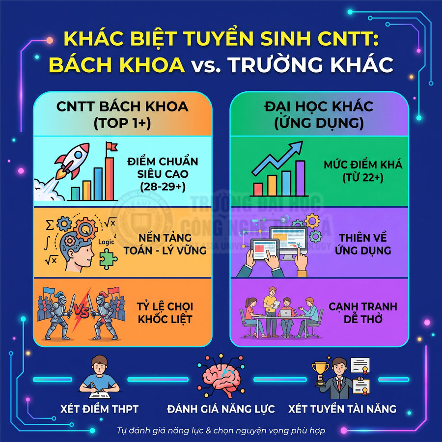So sánh tuyển sinh ngành CNTT Bách Khoa và các trường đại học khác về điểm chuẩn, nền tảng và mức độ cạnh tranh