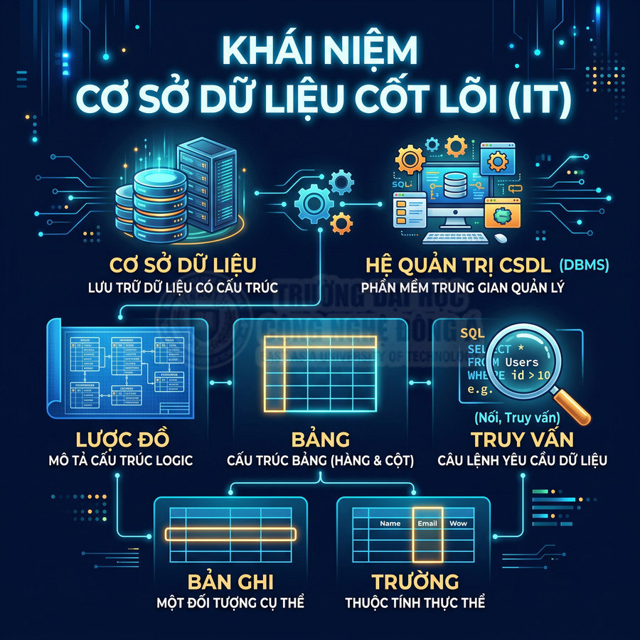 Minh họa khái niệm cơ sở dữ liệu cốt lõi trong IT với bảng, bản ghi, trường và hệ quản trị CSDL
