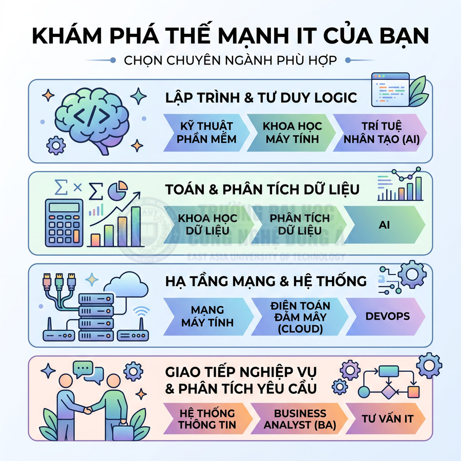 Sơ đồ các nhóm thế mạnh IT và chuyên ngành phù hợp như lập trình, dữ liệu, mạng, giao tiếp nghiệp vụ