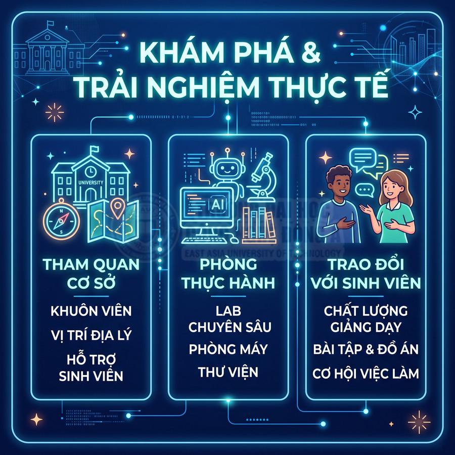 Poster giới thiệu chương trình khám phá trải nghiệm thực tế tại trường đại học với tham quan cơ sở và phòng thực hành