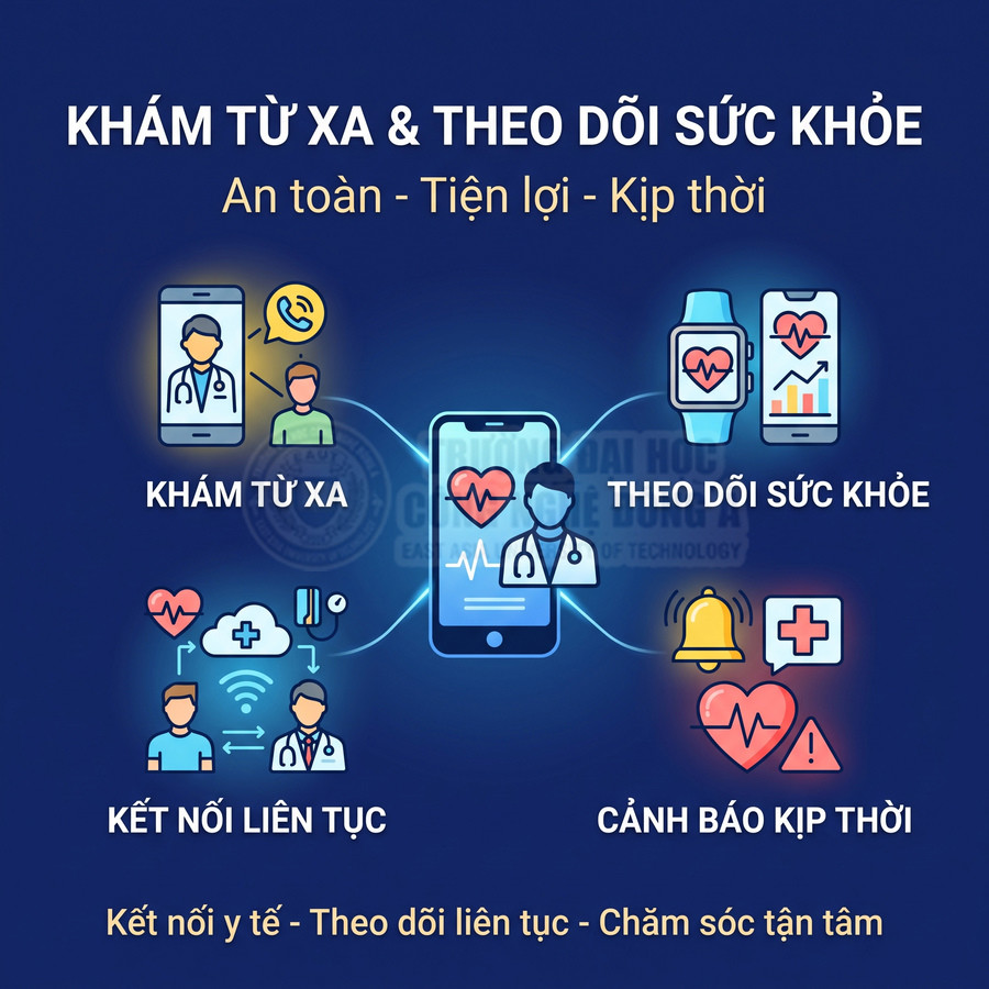Dịch vụ khám từ xa và theo dõi sức khỏe qua điện thoại, đồng hồ thông minh, kết nối liên tục và cảnh báo kịp thời