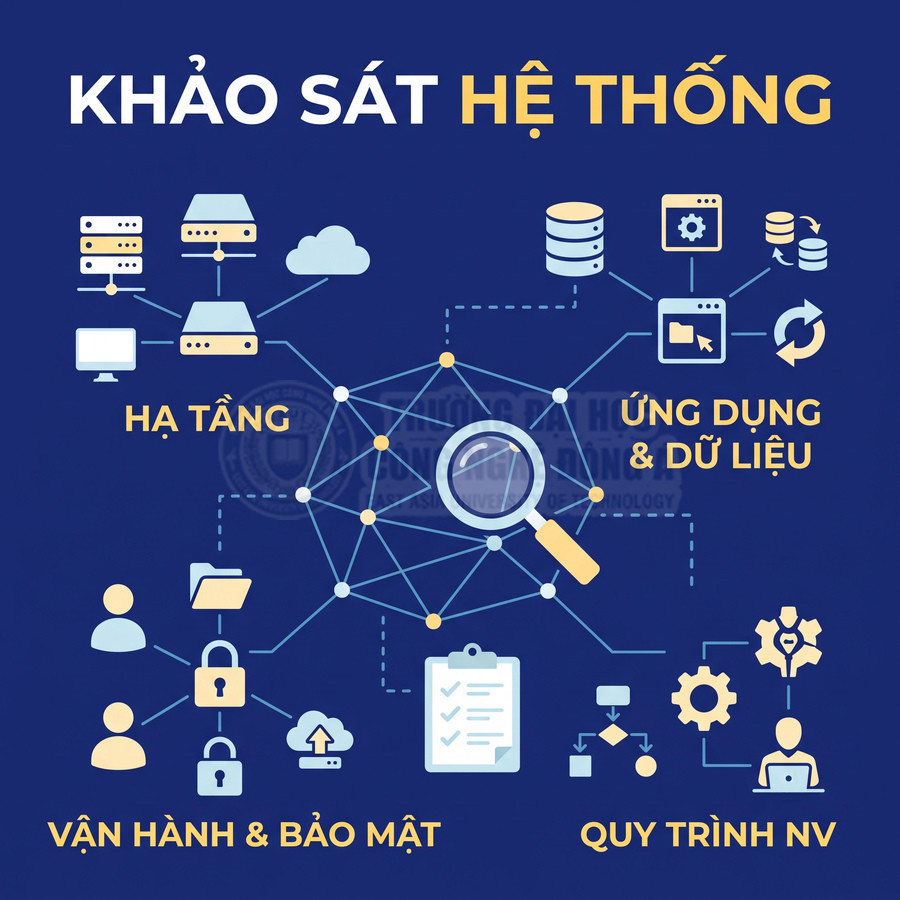 Khảo sát hệ thống công nghệ gồm hạ tầng, ứng dụng và dữ liệu, vận hành bảo mật cùng quy trình nghiệp vụ