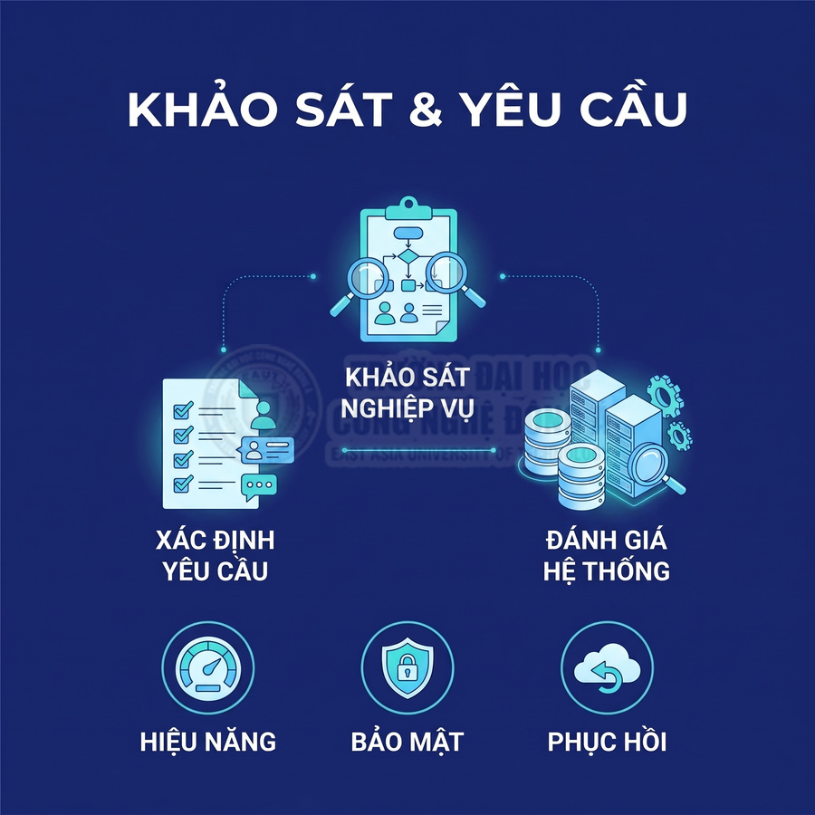 Minh họa khảo sát yêu cầu hệ thống, đánh giá hiệu năng, bảo mật và khả năng phục hồi