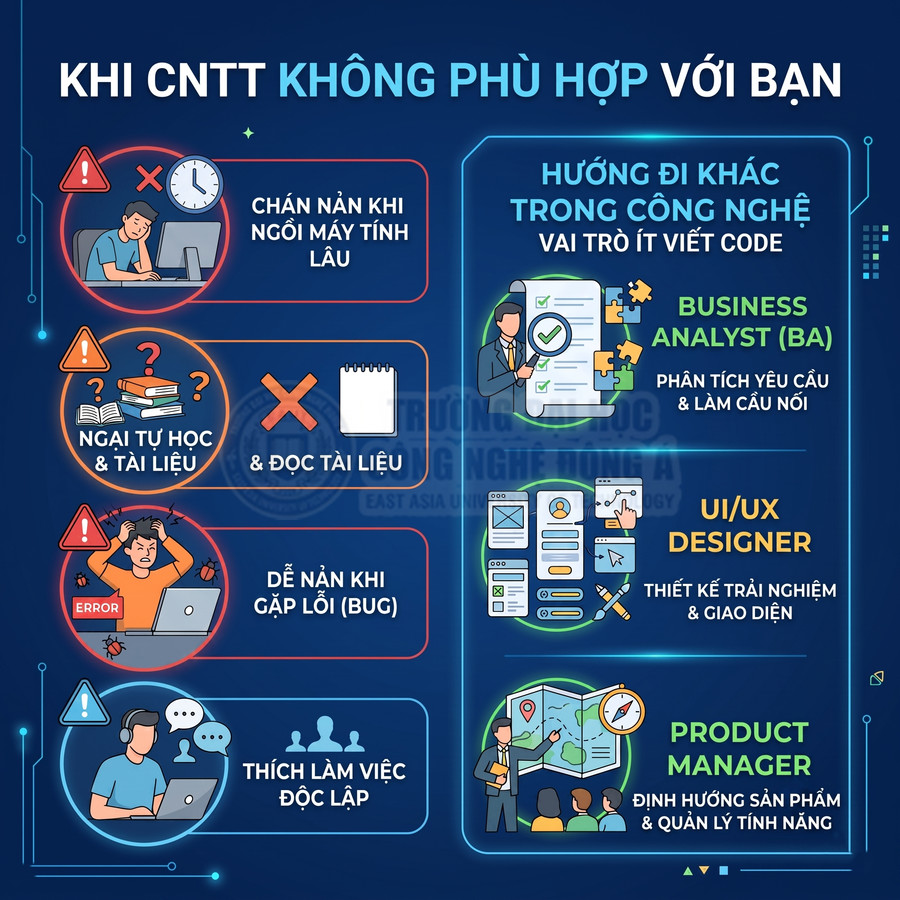 Infographic hướng nghiệp CNTT nêu lý do không hợp ngành và gợi ý các vị trí BA, UI UX Designer, Product Manager
