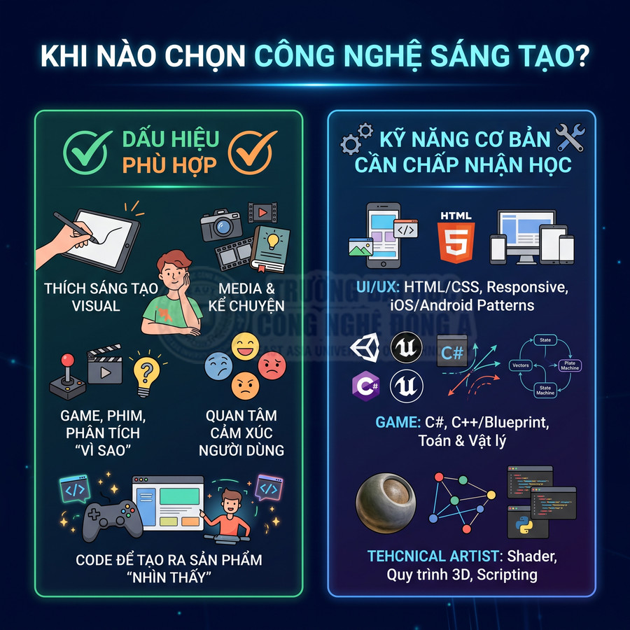 Infographic hướng dẫn chọn ngành công nghệ sáng tạo với dấu hiệu phù hợp và kỹ năng cơ bản cần học