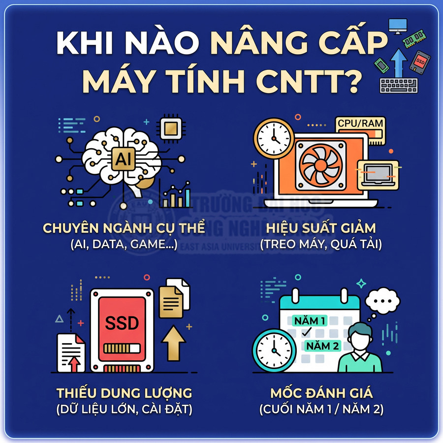 Infographic các lý do nên nâng cấp máy tính CNTT như chuyên ngành AI, hiệu suất giảm, thiếu dung lượng SSD, mốc đánh giá năm học