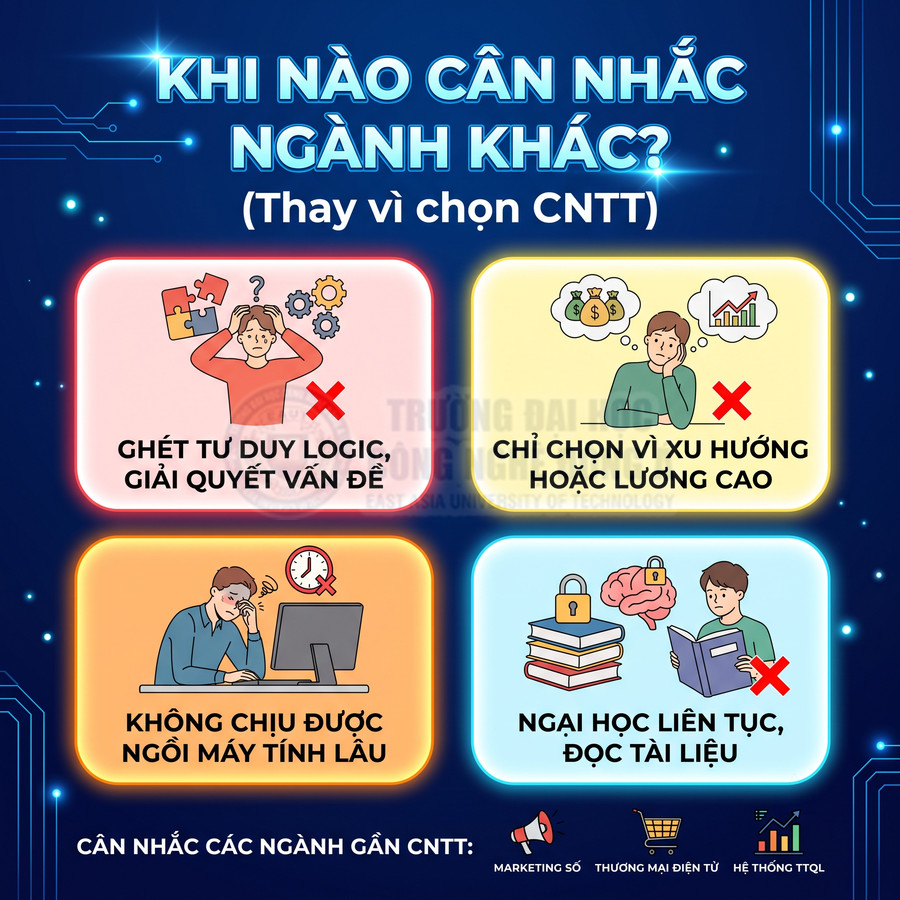 Infographic tư vấn khi nên cân nhắc ngành khác thay vì chọn CNTT với các lý do và ngành gần CNTT gợi ý