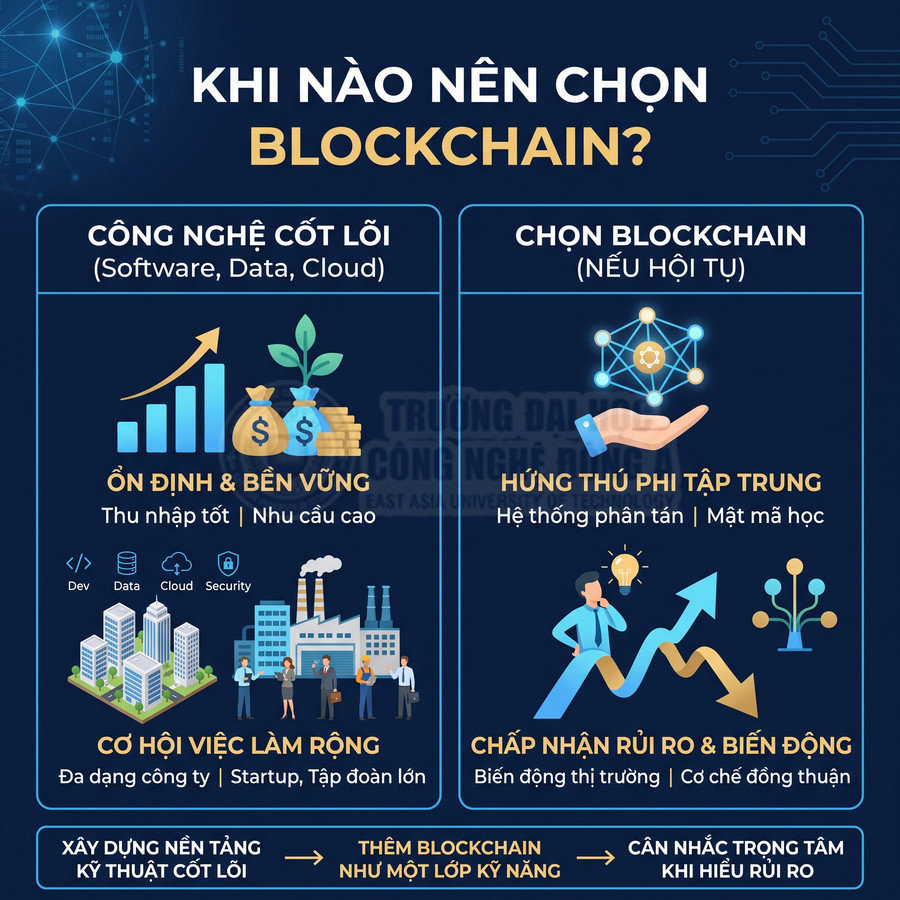 Infographic tiếng Việt giải thích khi nào nên chọn blockchain, so sánh công nghệ cốt lõi và blockchain
