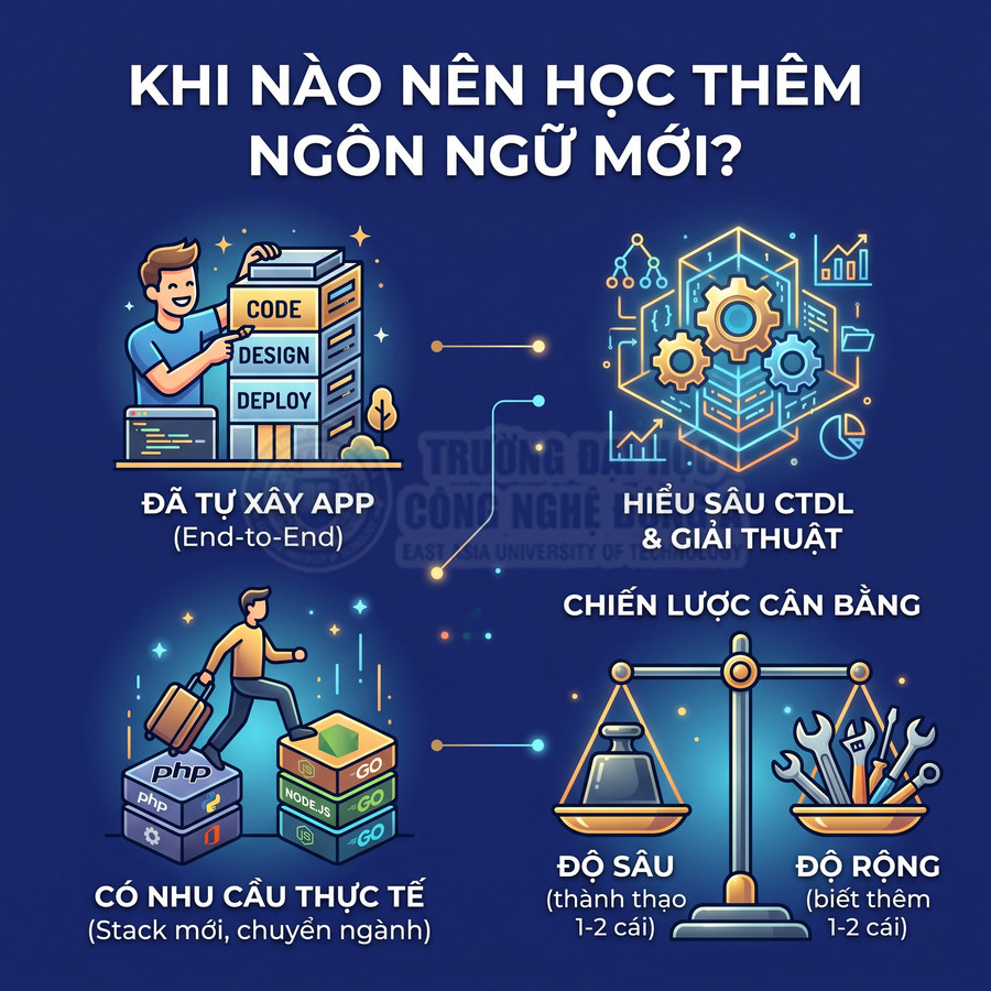 Infographic khi nào nên học thêm ngôn ngữ lập trình mới với minh họa lập trình viên và các công cụ code