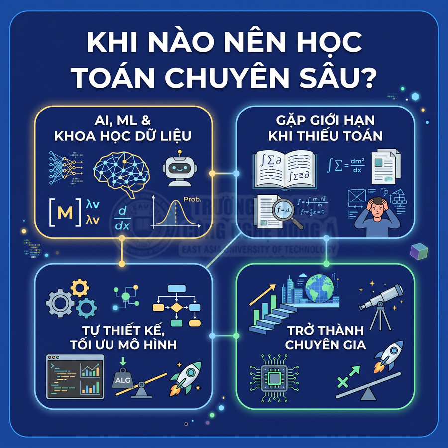 Infographic khi nào nên học toán chuyên sâu với các ứng dụng AI, khoa học dữ liệu và tối ưu mô hình