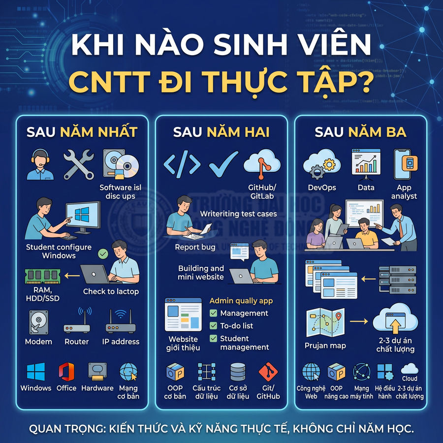 Infographic lộ trình thực tập sinh viên CNTT từ năm nhất đến năm ba với kỹ năng, công việc và công nghệ cần học