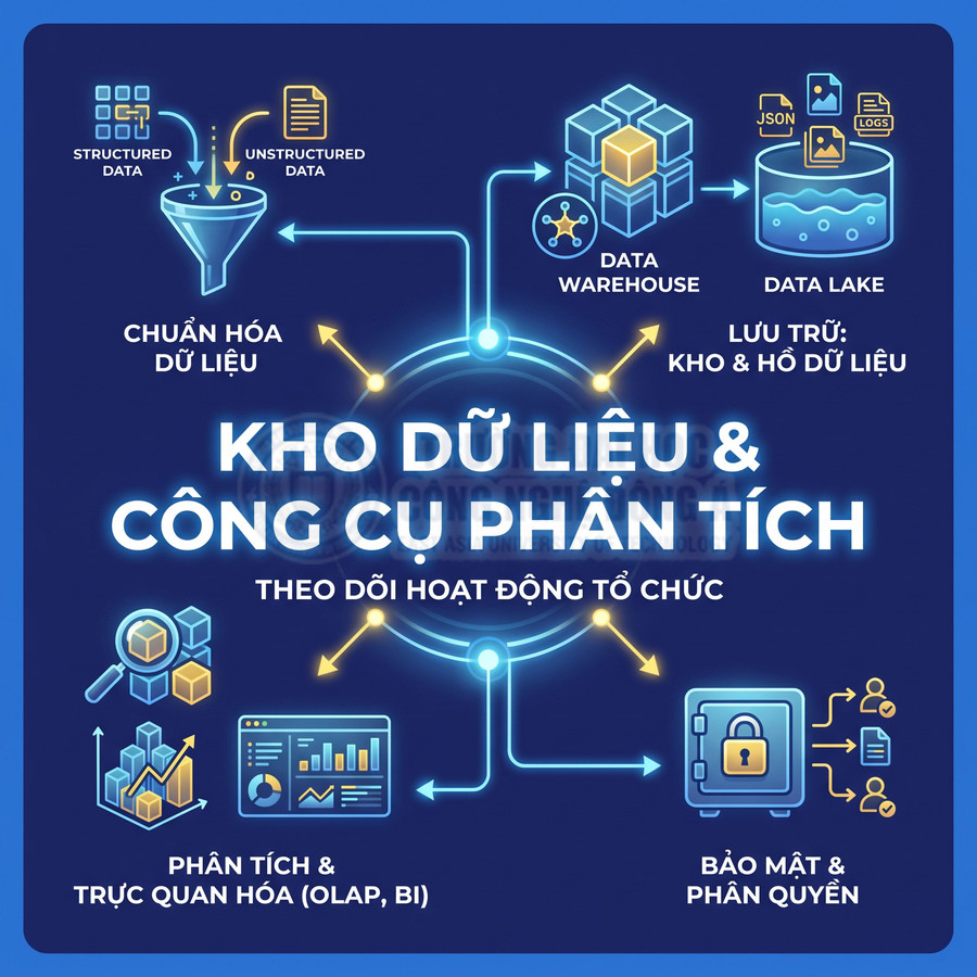 Minh họa kho dữ liệu và công cụ phân tích với chuẩn hóa dữ liệu, lưu trữ, trực quan hóa và bảo mật thông tin doanh nghiệp