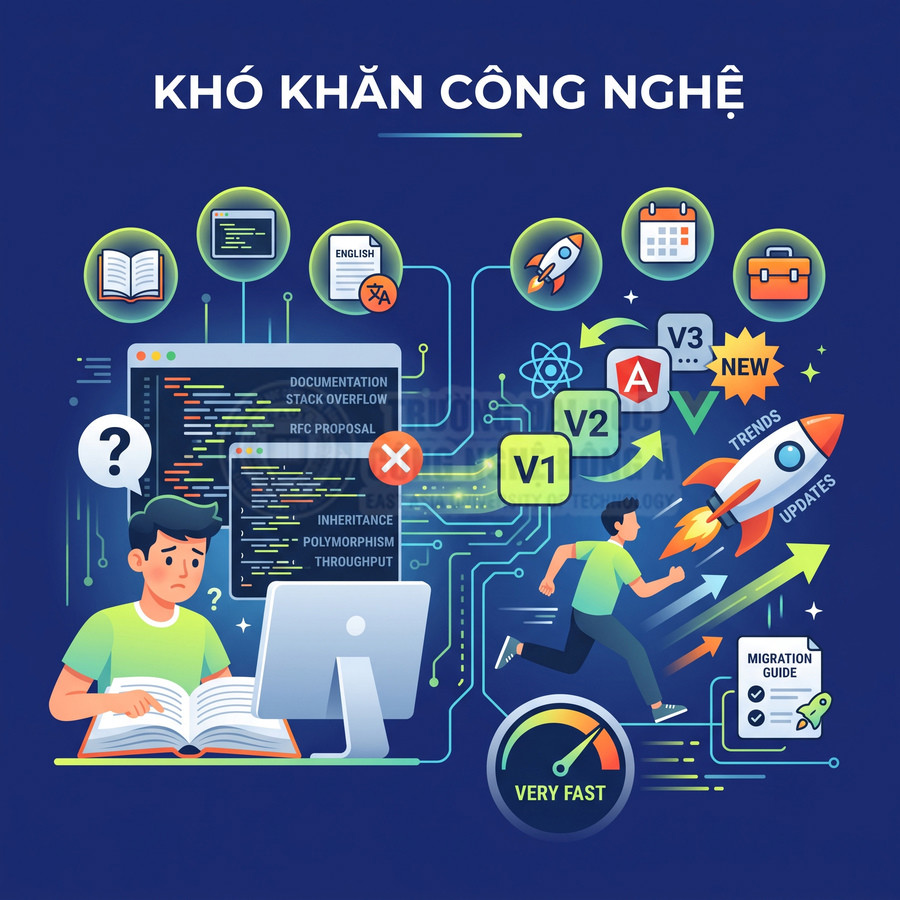 Minh họa khó khăn công nghệ với lập trình viên học code, chạy theo xu hướng và cập nhật phiên bản phần mềm