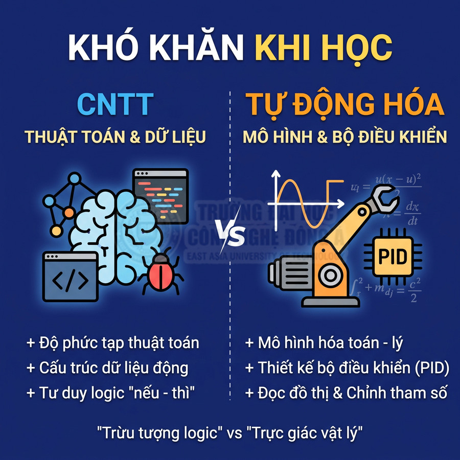 Infographic so sánh khó khăn khi học CNTT với tự động hóa, minh họa bằng não bộ, thuật toán và cánh tay robot PID