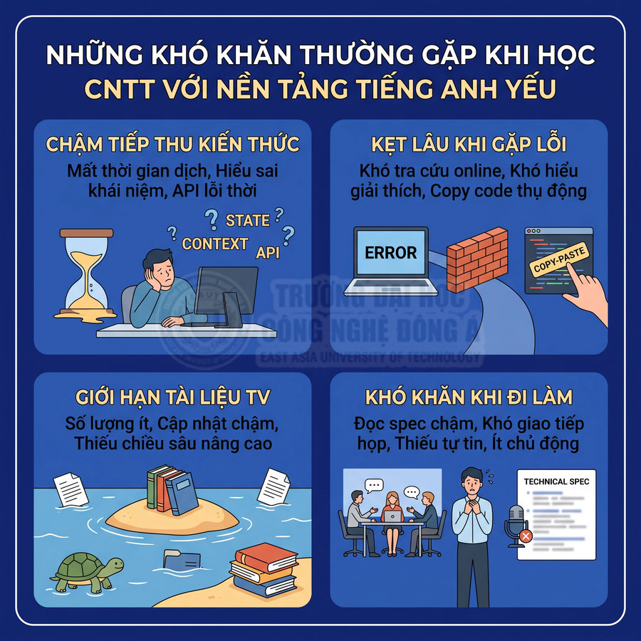 Infographic những khó khăn khi học CNTT với nền tảng tiếng Anh yếu cho sinh viên Việt Nam