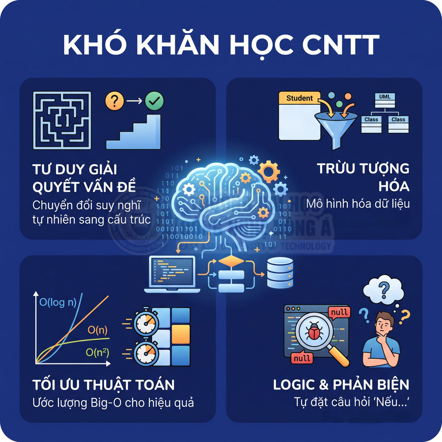 Khó khăn khi học CNTT với các thách thức về tư duy giải quyết vấn đề, trừu tượng hóa, tối ưu thuật toán, logic và phản biện