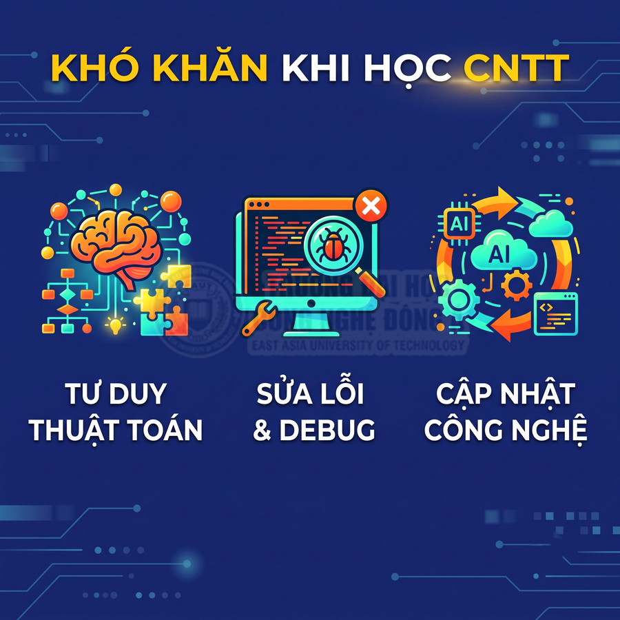 Các khó khăn khi học CNTT gồm rèn tư duy thuật toán, sửa lỗi và cập nhật công nghệ.