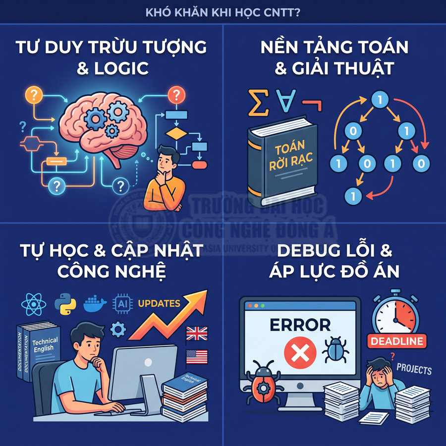 Khó khăn khi học CNTT gồm tư duy trừu tượng, toán giải thuật, tự học công nghệ, debug lỗi và áp lực deadline