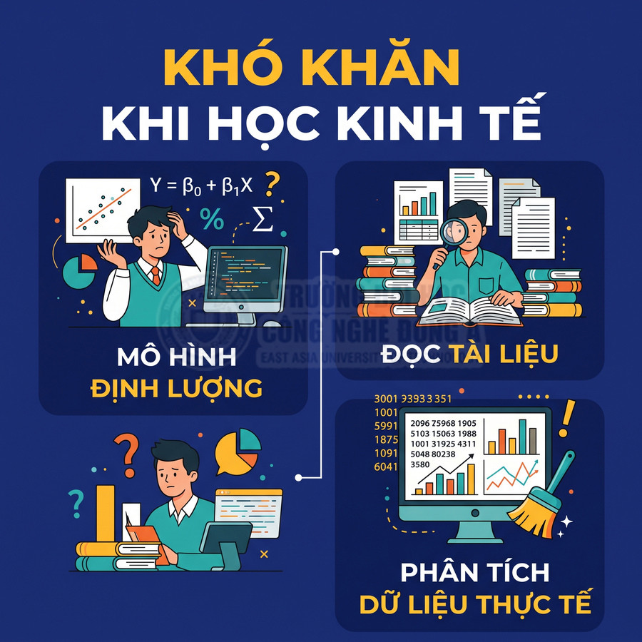 Những khó khăn khi học kinh tế gồm mô hình định lượng, đọc tài liệu và phân tích dữ liệu thực tế.